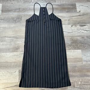 Stelen Navy Pinstripe Halter Midi Dress with Buttons Minimalist Vintage-Inspired